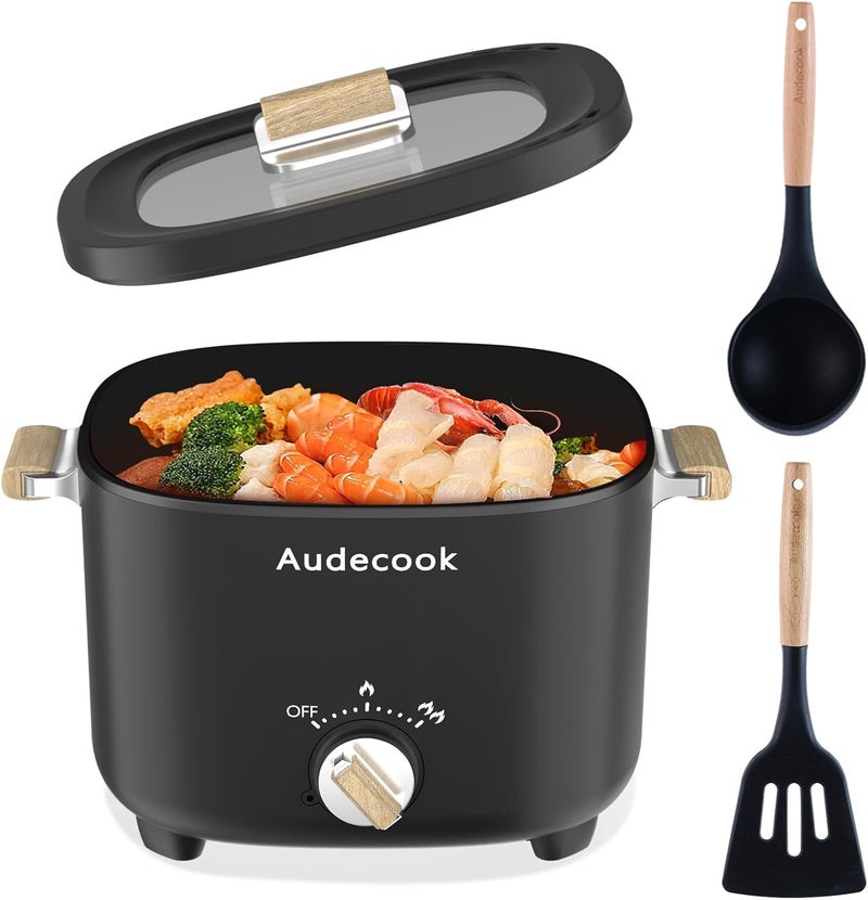Audecook Hot Pot Electric, 2.5L Portable Nonstick Multicooker for 1-3 Persons, Honeycomb Texture Travel Electric Skillet with Dual Power Temperature Control for Steak/Egg/Noodles/Oatmeal (Black) - Image 1